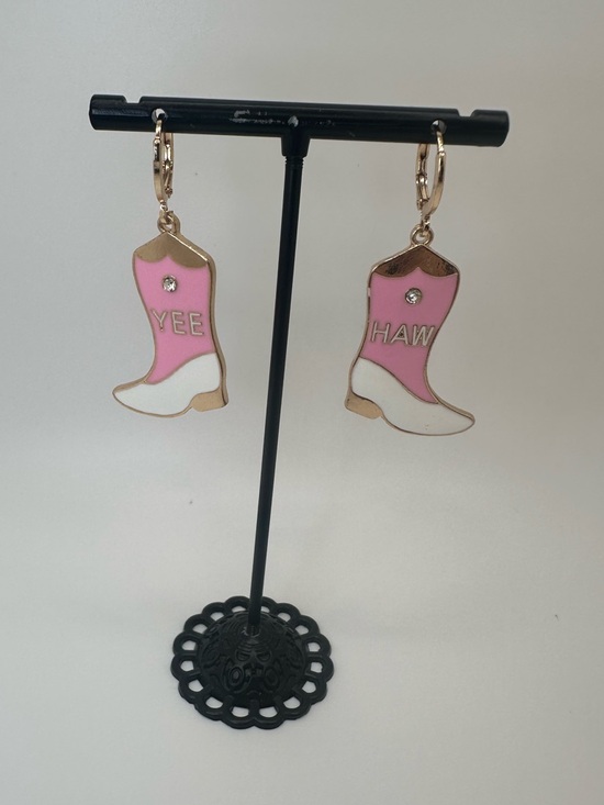 Jewelry - Pink & White 'Yee Haw' Cowboy Boot Earrings